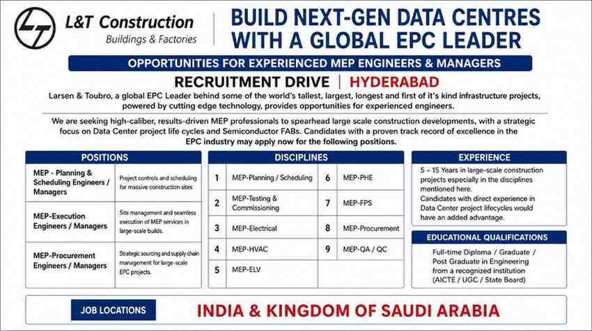 L&T Construction Recruitment 2026 | MEP Engineer & Manager Jobs for Data Center Projects