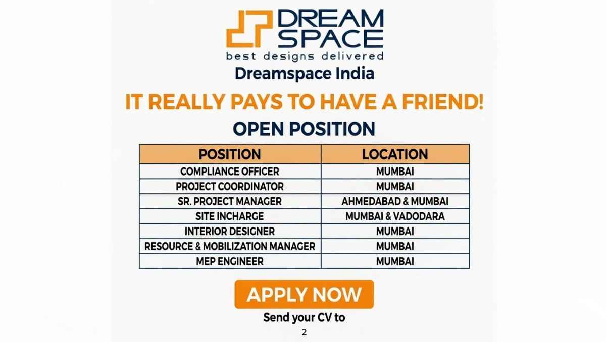 Dreamspace India Recruitment 2026 | Interior Designer, Project Manager & MEP Engineer Jobs