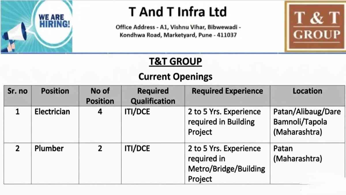 T And T Infra Ltd Recruitment 2026 | Electrician & Plumber Jobs in Maharashtra