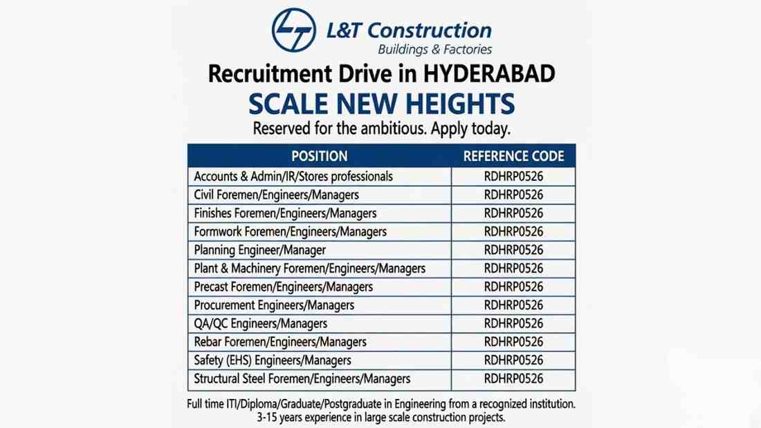 L&T Construction Recruitment 2026 | Civil, QA/QC, Planning, Safety & Store Jobs in Hyderabad