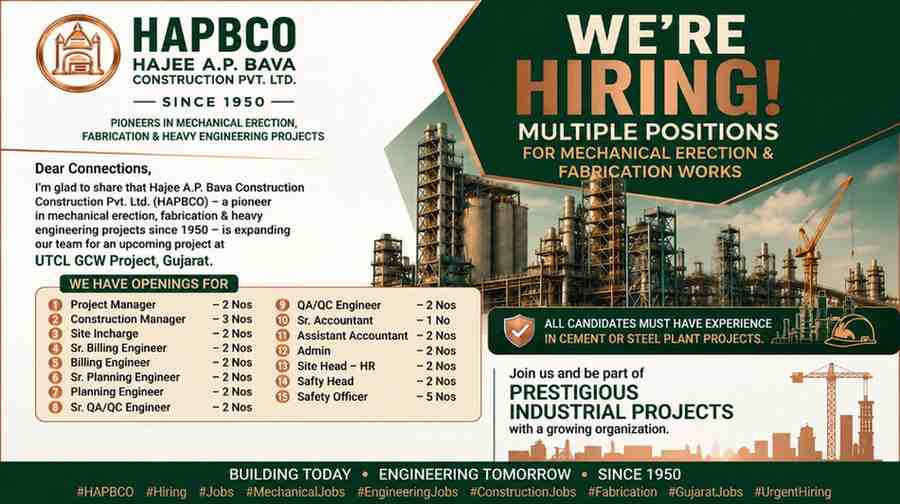 HAPBCO Recruitment 2026 | Mechanical Erection, Fabrication & Heavy Engineering Project Jobs in Gujarat