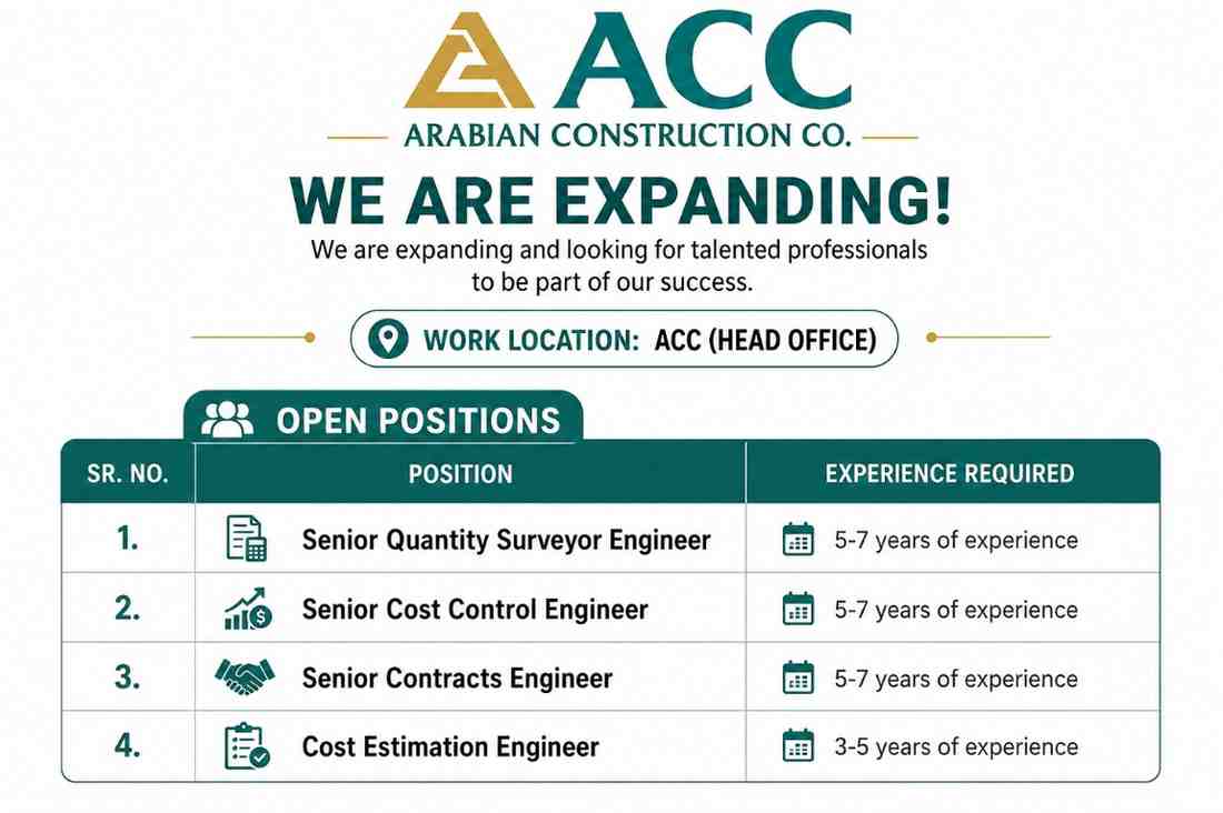 ACC Arabian Construction Company Recruitment 2026 | Latest Quantity Surveyor, Cost Control & Contracts Engineer Jobs