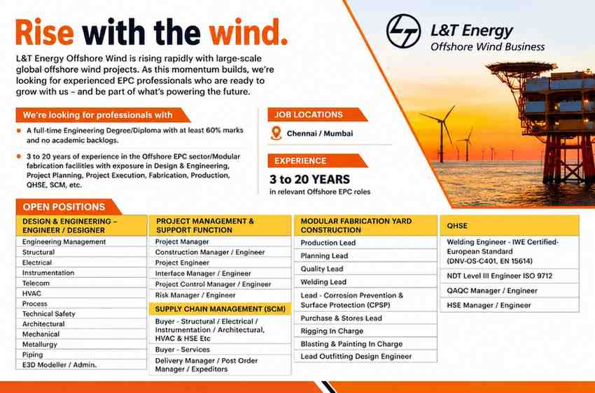 L&T Energy Offshore Wind Recruitment 2026 | Latest Offshore EPC & Wind Energy Jobs in Chennai and Mumbai