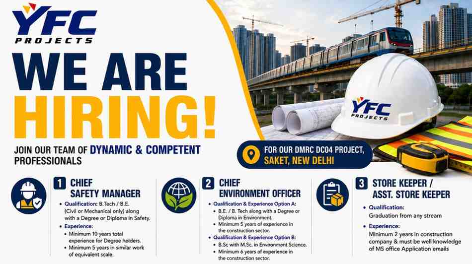 YFC Projects Recruitment 2026 | Latest DMRC Metro Project Jobs in New Delhi
