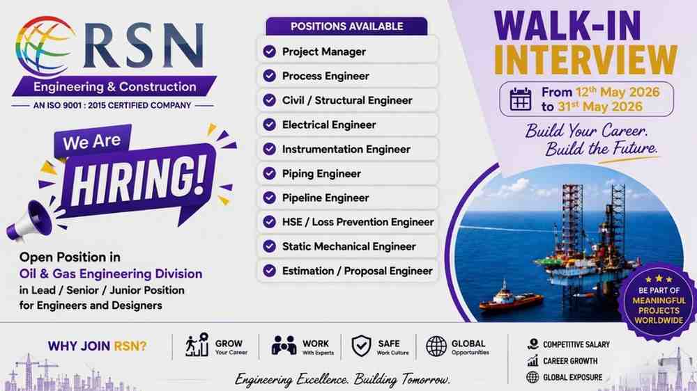 RSN Engineering & Construction Recruitment 2026 | Latest Oil & Gas Engineering Jobs in Chennai
