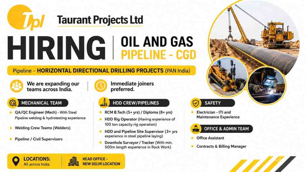 Taurant Projects Ltd Vacancy 2026 | Oil & Gas Pipeline, HDD, QA/QC, Welding, Safety & Civil Jobs Across India
