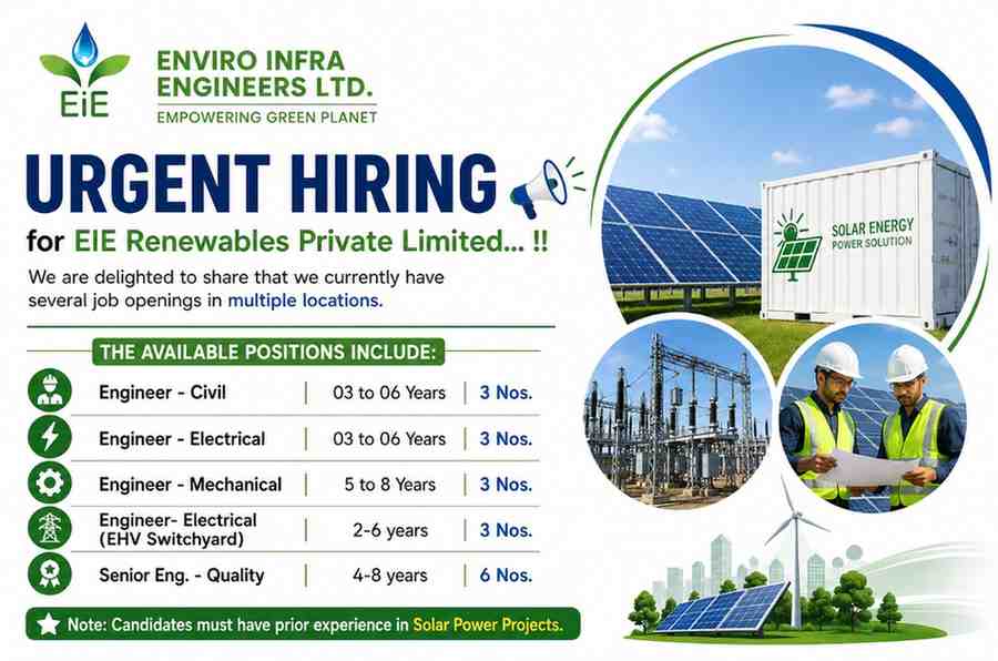 EIE Renewables Private Limited Hiring 2026 | Civil, Electrical, Mechanical & Quality Engineer Jobs | Solar Power Projects