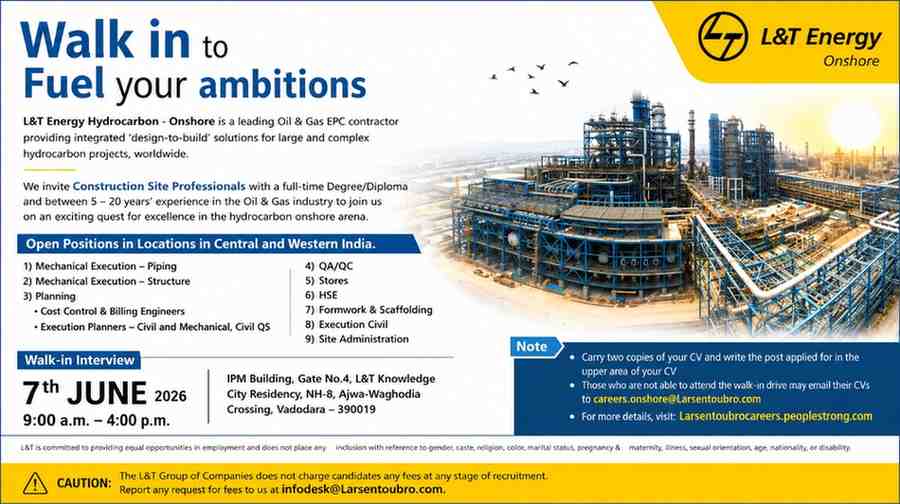 L&T Energy Hydrocarbon Onshore Vacancy 2026 | Oil & Gas Construction Jobs | Walk-In Interview in Vadodara