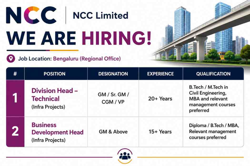 NCC Limited Hiring 2026 | Division Head & Business Development Head Jobs | Infrastructure, Metro, Highway & Airport Projects