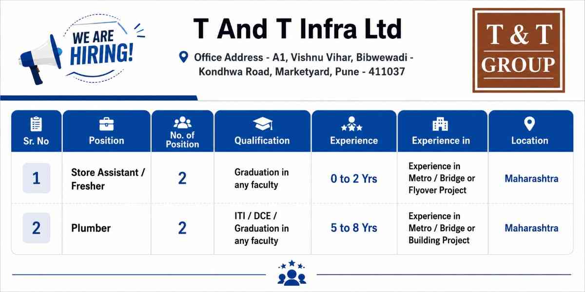 T&T Infra Ltd Hiring 2026 | Store Assistant & Plumber Jobs in Maharashtra | Metro, Bridge & Flyover Projects