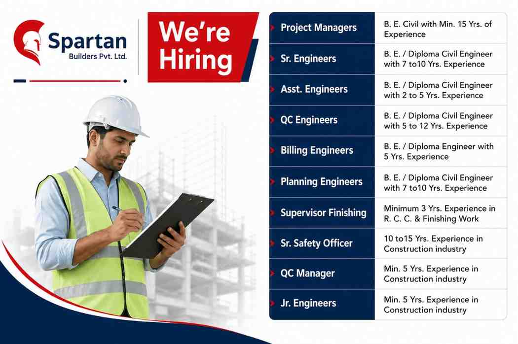 Spartan Builders Pvt Ltd Hiring 2026 | Project Manager, Civil Engineer, QC, Billing, Planning & Safety Officer Jobs in Ahmedabad