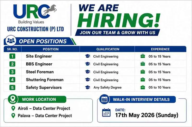 URC Construction Walk-In Interview 2026 | Site Engineer, BBS Engineer, Foreman & Safety Supervisor Jobs