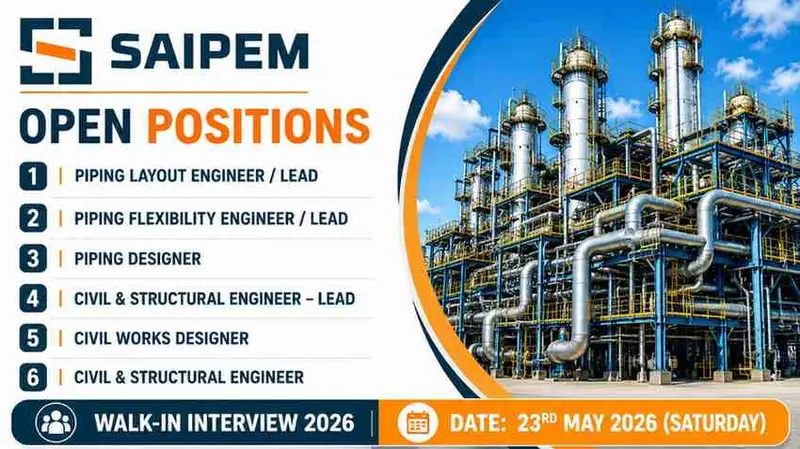 SAIPEM Walk in Interview 2026 | Piping, Civil & Structural Engineer Jobs in Chennai