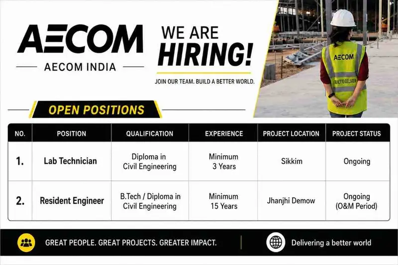 AECOM India Recruitment 2026 | Resident Engineer & Lab Technician Jobs in Sikkim and Assam
