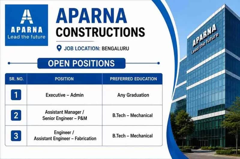 Aparna Constructions Hiring 2026 | Admin, P&M & Fabrication Engineer Jobs in Bengaluru