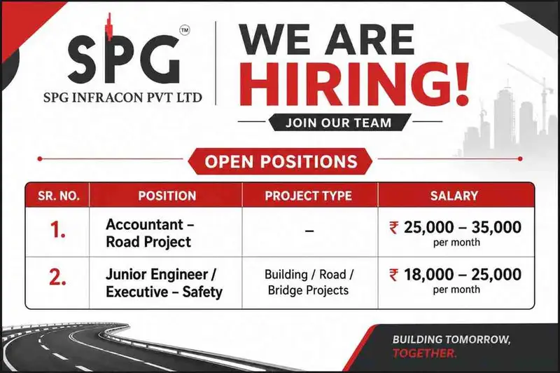 SPG Infracon Recruitment 2026 | Accountant & Safety Engineer Jobs for Road, Bridge and Building Projects in Gujarat