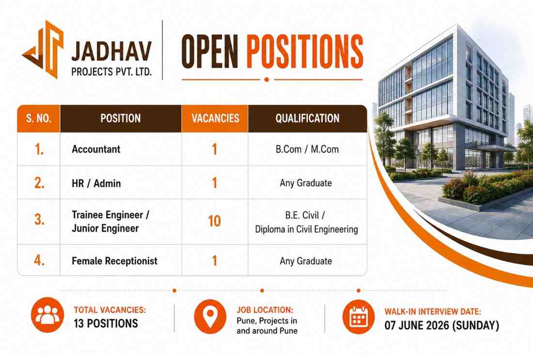 Jadhav Projects Pvt Ltd Jobs 2026 | Accountant, HR Admin, Junior Engineer and Receptionist Vacancies in Pune