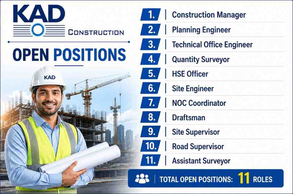 KAD Construction Jobs UAE 2026 | Construction Manager, Planning Engineer, Quantity Surveyor and Infrastructure Project Vacancies