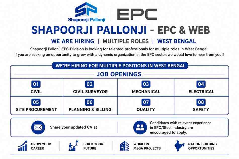 Shapoorji Pallonji EPC Division Vacancy 2026 | For Civil, Mechanical, Electrical, Planning, Billing, Quality, Safety & Procurement Professionals
