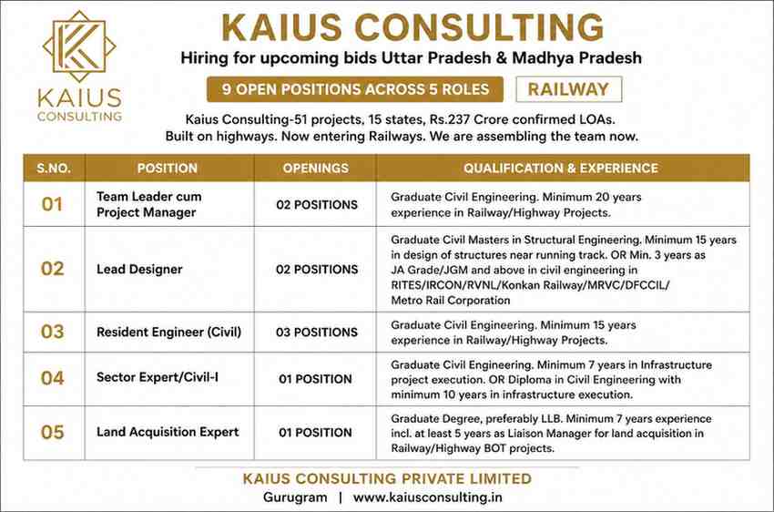 Kaius Consulting Hiring 2026 | Railway Project Jobs in Uttar Pradesh & Madhya Pradesh