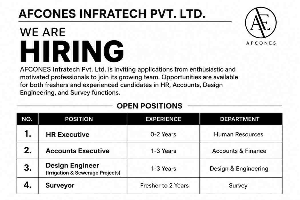 AFCONES Infratech Pvt. Ltd Recruitment| For HR Executive, Accounts Executive, Design Engineer & Surveyor | Freshers & Experienced Candidates