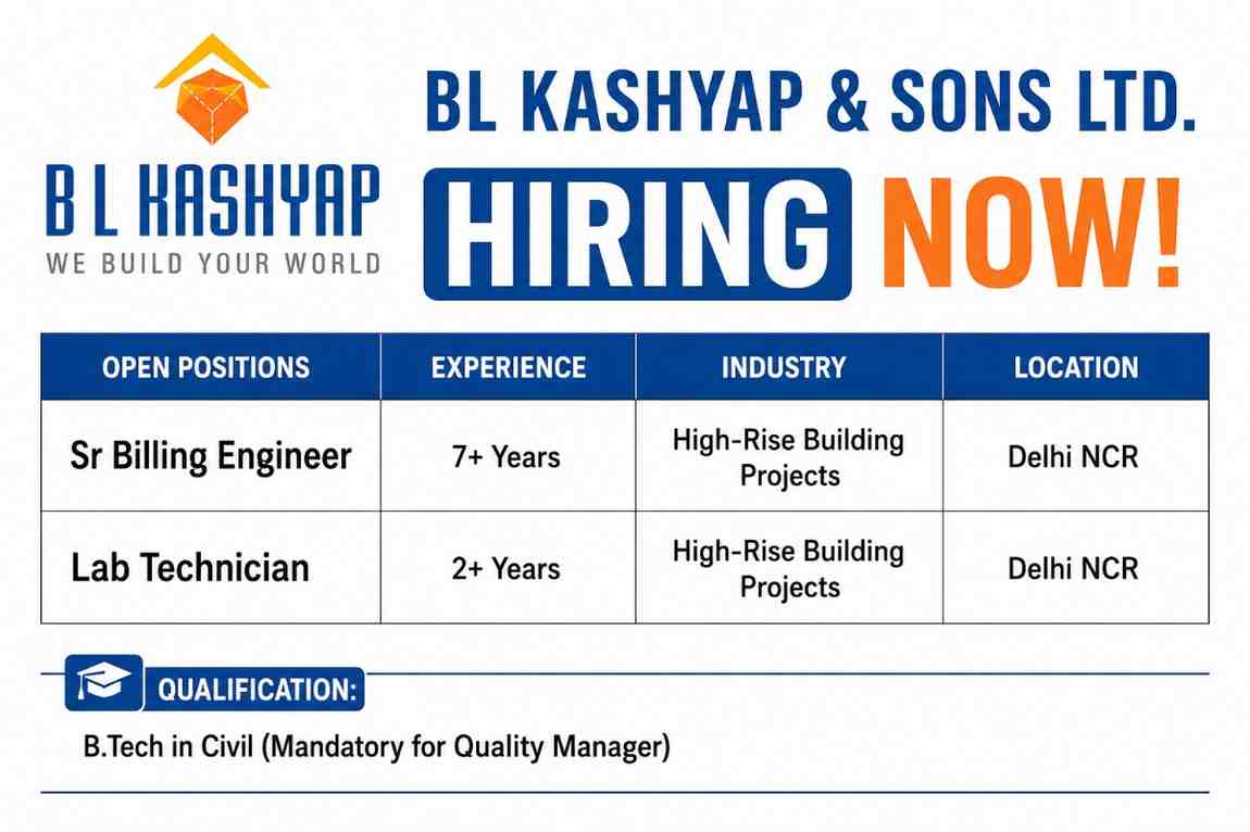 BL Kashyap & Sons Ltd Hiring 2026 | For Senior Billing Engineer & Lab Technician | High-Rise Building Project Jobs in Delhi NCR