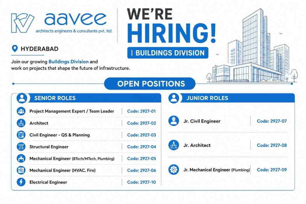 Aarvee Associates Hiring Project Management Experts, Architects, Civil, Structural, MEP & Electrical Engineers | Building Division Jobs in Hyderabad