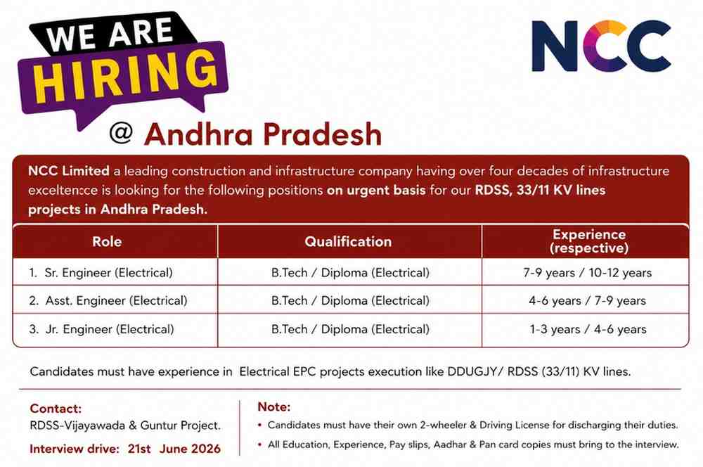 NCC Limited Hiring Senior Engineers, Assistant Engineers & Junior Engineers (Electrical) | RDSS & 33/11 KV Line Project Jobs in Andhra Pradesh