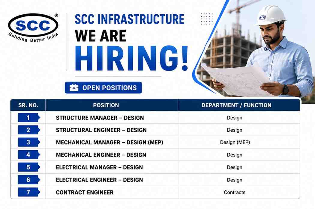 SCC Infrastructure Hiring 2026 | Structural Managers, Structural Engineers, MEP Managers, Design Engineers & Contract Engineers