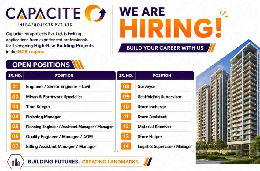 Architechno Recruitment 2026: Site Engineer Civil, P-Way Engineer and Computer Operator Vacancies for Railway Project 4 Capacite Infraprojects Recruitment 2026 | High-Rise Building Construction Jobs in NCR
