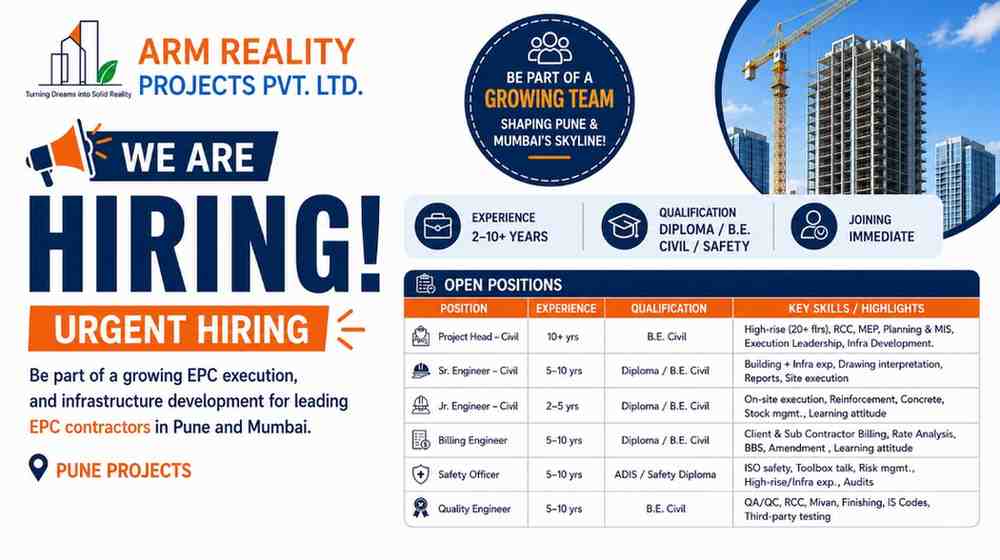 ARM Reality Projects Recruitment 2026 | Civil Engineers, Billing Engineers, Safety Officers & Quality Engineers Jobs in Pune
