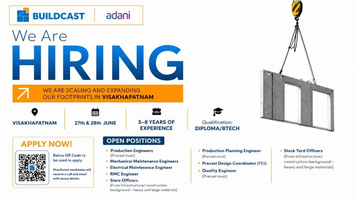 Adani Buildcast Recruitment 2026 | Precast Engineers, Maintenance Engineers, Quality, RMC & Store Officer Jobs