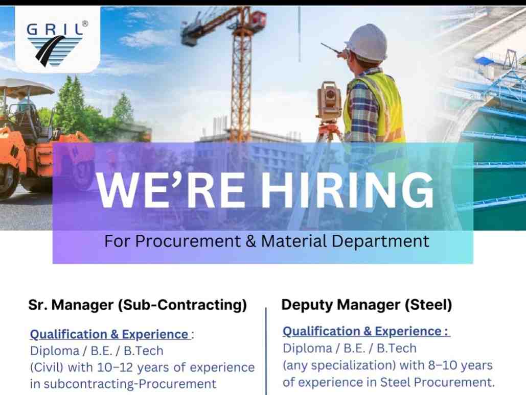 Tata Consulting Engineers Recruitment 2026 | Site Engineers, Planning Engineers, Quality, Safety & Project Head Jobs Pan India 2 GR Infraprojects Limited Recruitment 2026 | Senior Manager Sub-Contracting & Deputy Manager Steel Procurement Jobs