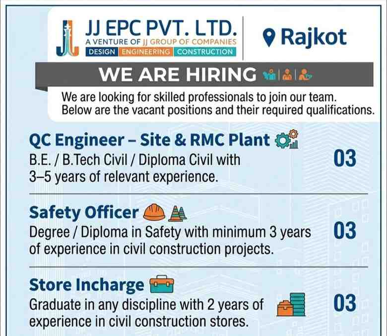 JJ EPC Pvt. Ltd. Recruitment 2026 | QC Engineer, Safety Officer & Store Incharge Jobs in Rajkot