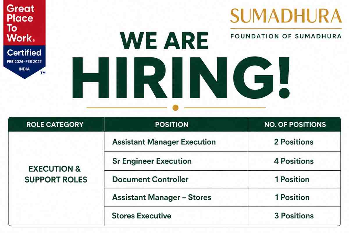 Sumadhura Group Recruitment 2026 | Assistant Manager, Senior Engineer, Stores & Document Controller Jobs in Bangalore