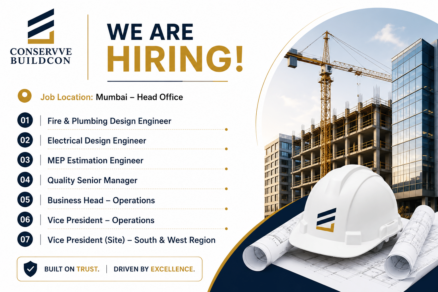 Conservve Buildcon Jobs 2026 | MEP Design Engineer, Quality Manager, Business Head and Vice President Vacancies in Mumbai