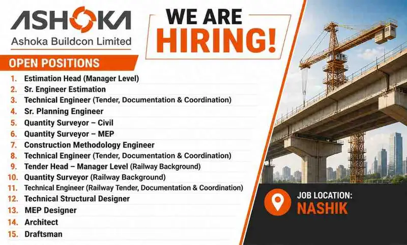 Ashoka Buildcon Limited Hiring Estimation Heads, Quantity Surveyors, Planning Engineers, Tender Professionals, Designers & Architects