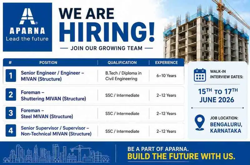 Aparna Constructions Walk-In Drive 2026: MIVAN Engineer, Shuttering Foreman, Steel Foreman and Supervisor Vacancies in Bengaluru