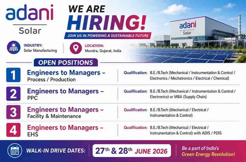 Adani Solar Recruitment 2026 | Engineers & Managers Hiring for Solar Manufacturing Jobs