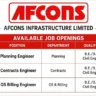 Afcons Infrastructure Jobs 2026 | Planning Engineer, QS Billing Engineer & Contracts Engineer Vacancies for Urban Infrastructure Projects