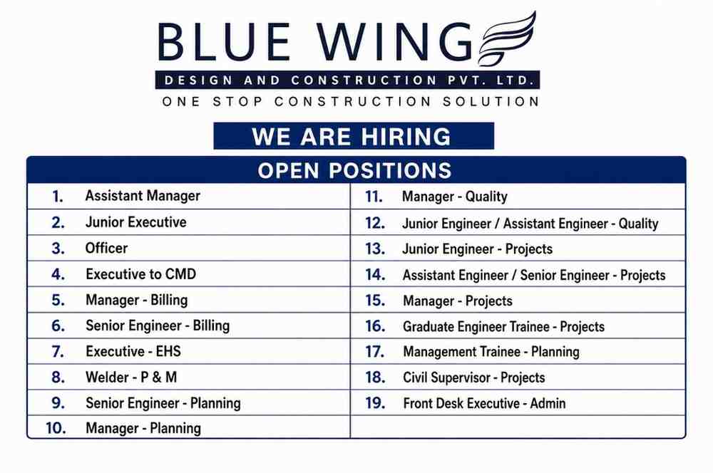 BlueWing Design and Construction Pvt. Ltd. Recruitment 2026 | Civil Engineer, Planning, Billing & Graduate Engineer Trainee Jobs