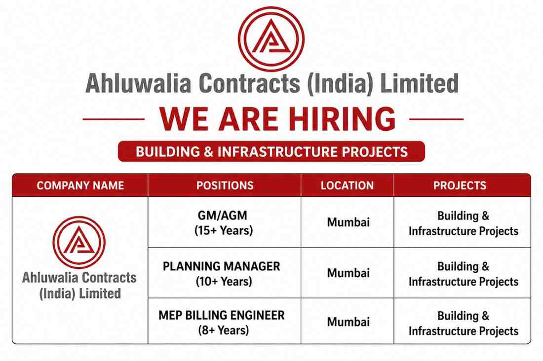 Ajmera Group Recruitment 2026 | QS Engineer, Quality Manager, MEP Engineer & Sales Jobs in Bengaluru 3 Ahluwalia Contracts Recruitment 2026 | Tender, Planning Manager & MEP Billing Engineer Jobs in Mumbai