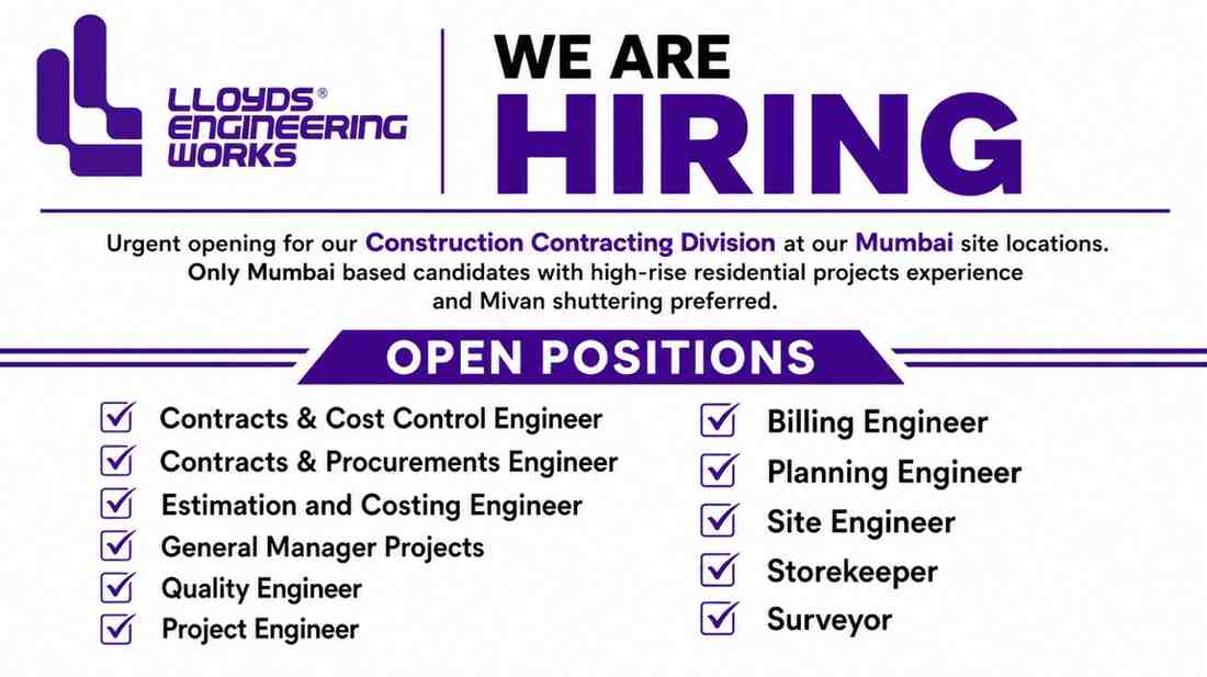 TÜV NORD India Careers 2026 | Hiring for Infrastructure & Metro Project Professionals in Uttar Pradesh 3 Lloyds Engineering Works Recruitment 2026 | Civil Engineer, Planning, Billing & Project Jobs in Mumbai