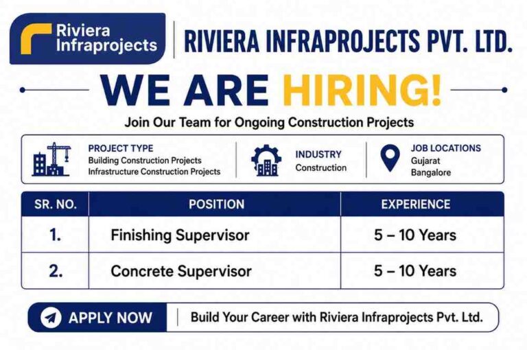 Riviera Infraprojects Pvt. Ltd Riviera Infraprojects Pvt. Ltd. is inviting applications from experienced professionals for its ongoing Construction Projects in Gujarat and Bangalore. Candidates with relevant construction industry experience are encouraged to apply. About Riviera Infraprojects Pvt. Ltd. Riviera Infraprojects Pvt. Ltd. is a construction company engaged in delivering quality infrastructure and building projects across India. The company focuses on engineering excellence, timely project execution, and creating long-term career opportunities for construction professionals. Project Type Building Construction Projects Infrastructure Construction Projects Industry Construction Open Positions 1. Finishing Supervisor Experience: 5-10 Years 2. Concrete Supervisor Experience: 5-10 Years Job Locations Gujarat Bangalore