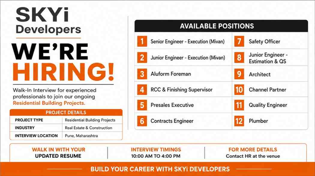 Dineshchandra R. Agrawal Infracon Pvt. Ltd. Recruitment 2026 | OHL, Transmission Line & EPC Project Jobs in Abu Dhabi, UAE 3 SKYi Developers Walk-In Interview 2026 | Mivan Engineer, Contracts Engineer, Architect & Residential Project Jobs