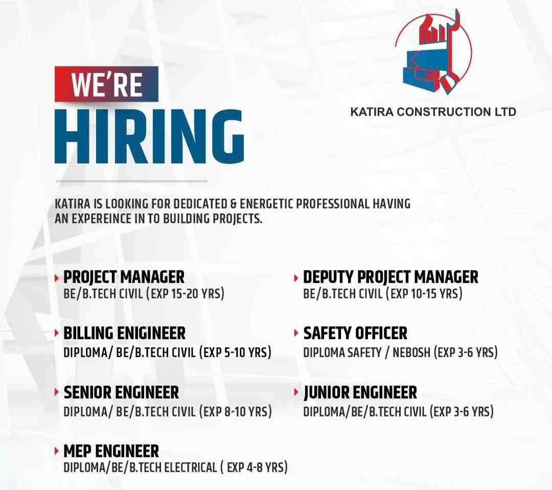 PNC Infratech Ltd. Recruitment 2026 | Manager Planning & Environment Manager Jobs for Railway Infrastructure Projects 2 Katira Construction Ltd Recruitment 2026 | Project Manager, Billing Engineer, MEP Engineer & Civil Engineering Jobs