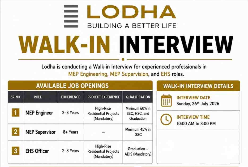 DCS Limited Jobs 2026 | Civil Engineer Vacancy for Mining Project in Jharkhand – Apply Now 4 Lodha Walk-in Interview 2026 | MEP Engineer, MEP Supervisor & EHS Officer Jobs in Pune