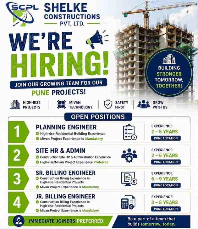 PNC Infratech Ltd. Recruitment 2026 | Manager Planning & Environment Manager Jobs for Railway Infrastructure Projects 3 Shelke Constructions Recruitment 2026 | Planning Engineer, Billing Engineer & Site HR Jobs in Pune