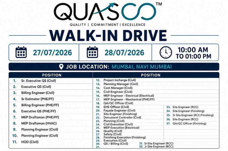 K&J Projects Recruitment 2026 | Railway DPR, FLS, Alignment Engineer & OHE Expert Jobs 4 QUASCO Recruitment 2026 | Walk-In Drive for Civil, MEP, QS, Planning & QA/QC Engineers | Mumbai