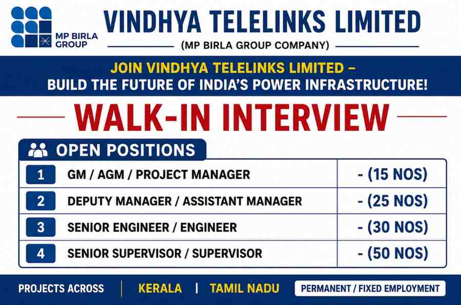 Vindhya Telelinks Limited Recruitment 2026 | RDSS Power Distribution Project Jobs | Walk-In Interview